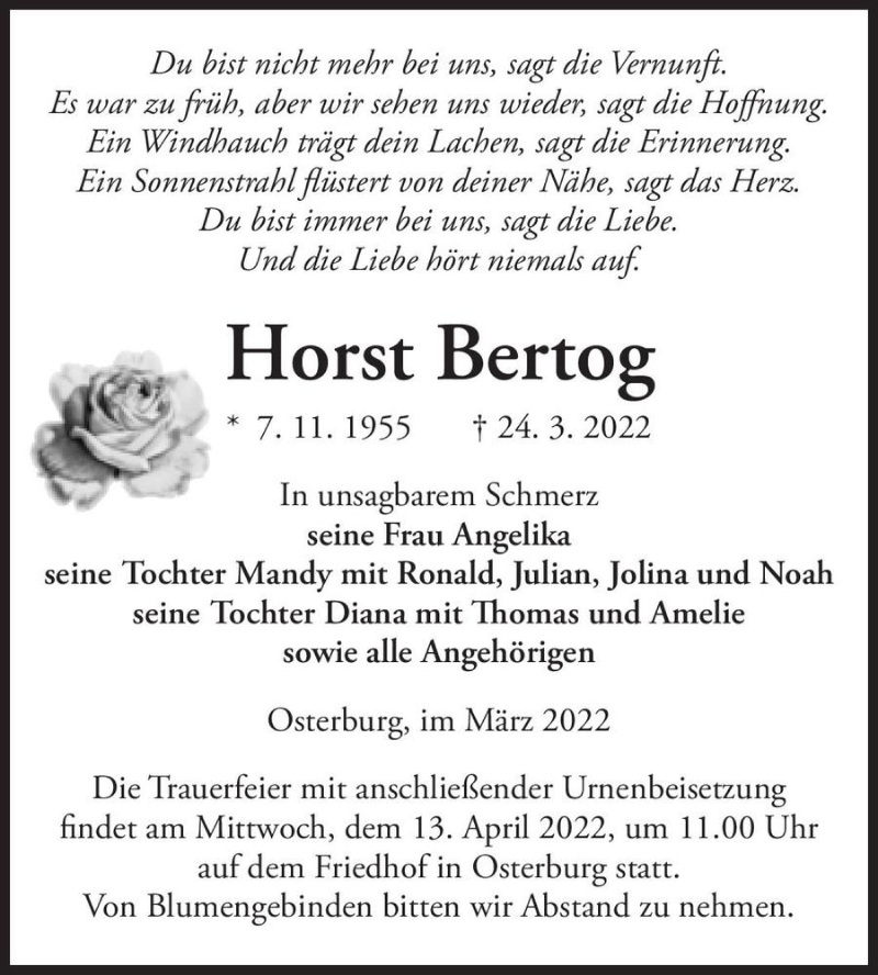  Traueranzeige für Horst Bertog  vom 29.03.2022 aus Magdeburger Volksstimme