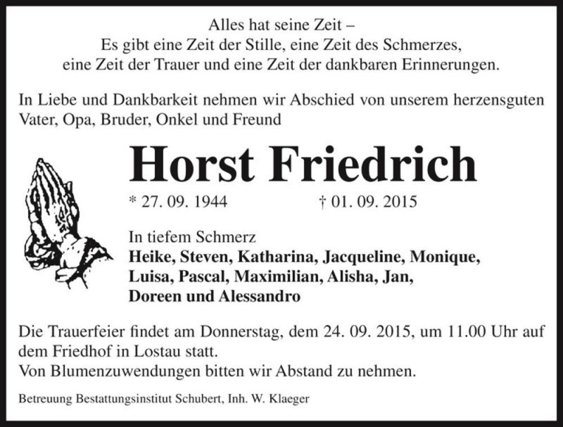  Traueranzeige für Horst Friedrich  vom 19.09.2015 aus Magdeburger Volksstimme