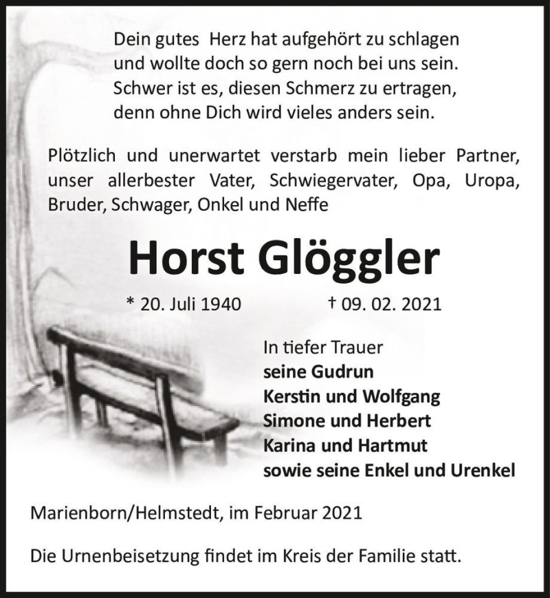  Traueranzeige für Horst Glöggler  vom 13.02.2021 aus Magdeburger Volksstimme
