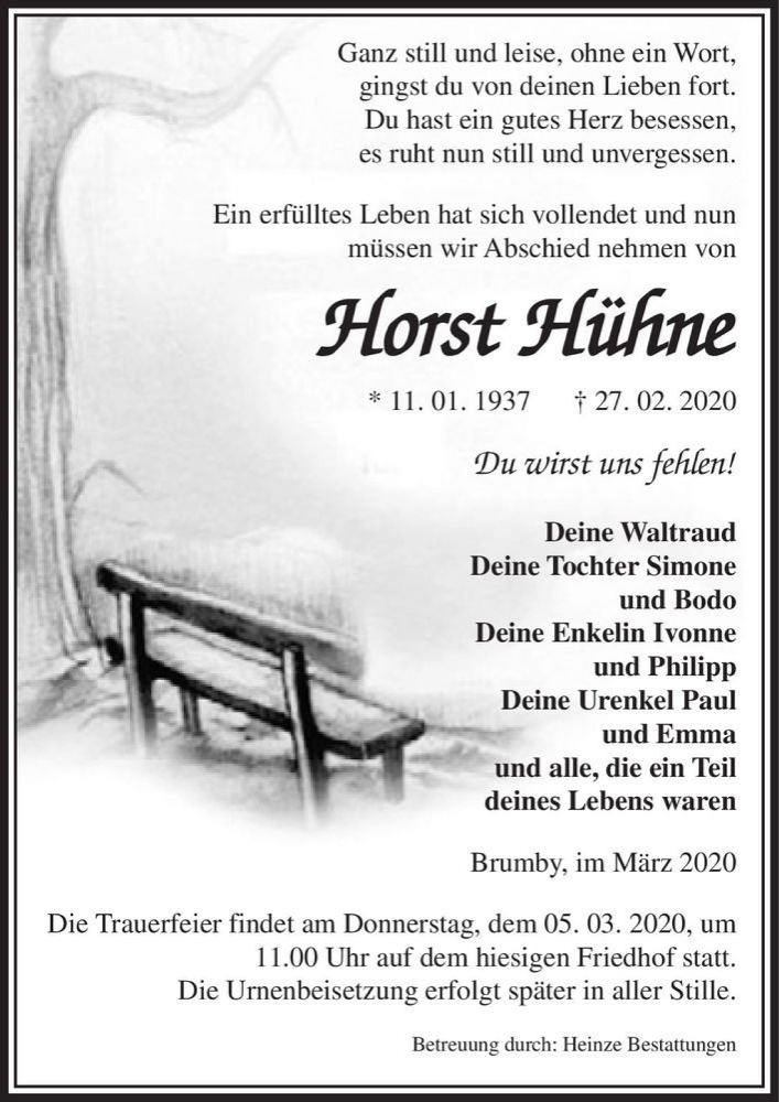  Traueranzeige für Horst Hühne  vom 04.03.2020 aus Magdeburger Volksstimme