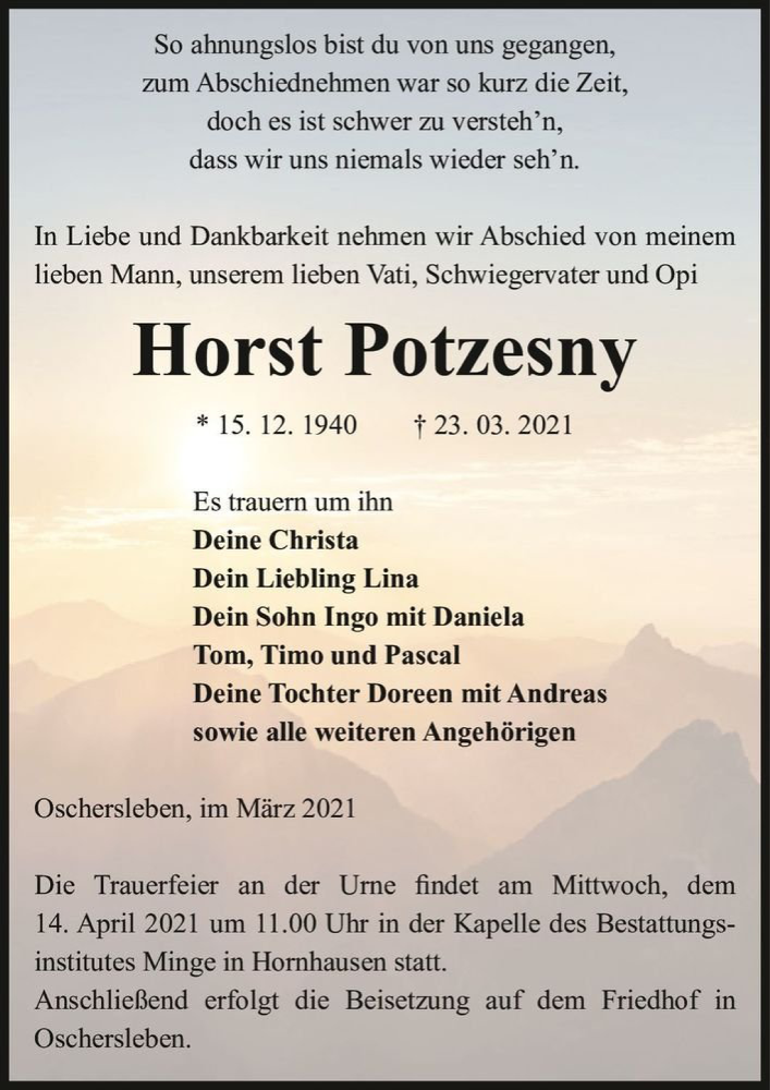  Traueranzeige für Horst Potzesny  vom 30.03.2021 aus Magdeburger Volksstimme