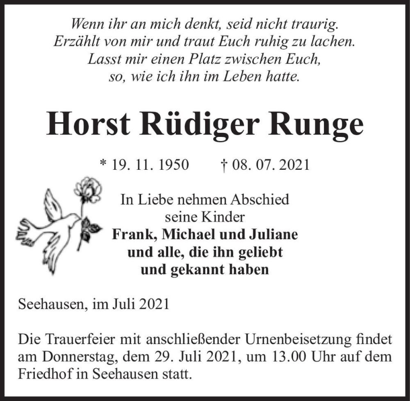  Traueranzeige für Horst Rüdiger Runge  vom 16.07.2021 aus Magdeburger Volksstimme