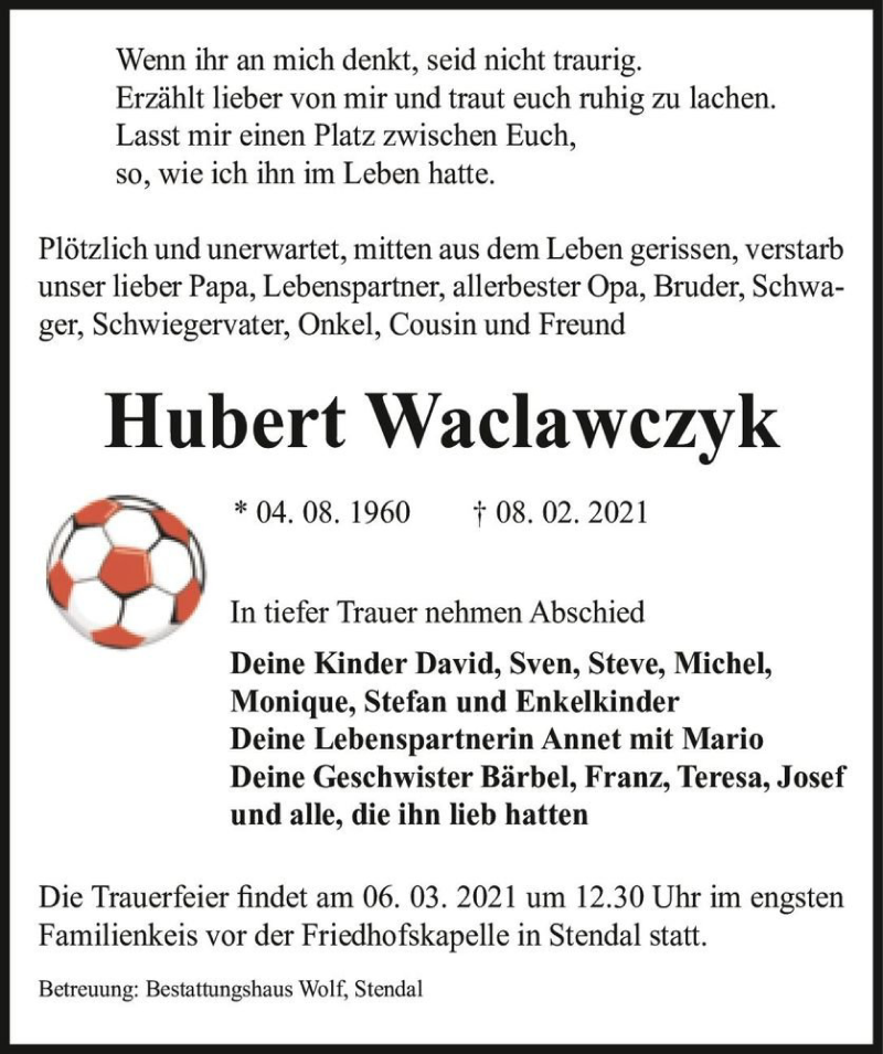  Traueranzeige für Hubert Waclawczyk  vom 13.02.2021 aus Magdeburger Volksstimme