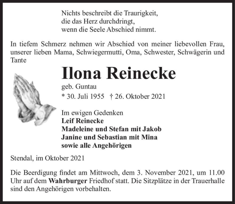  Traueranzeige für Ilona Reinecke (geb. Guntau)  vom 30.10.2021 aus Magdeburger Volksstimme