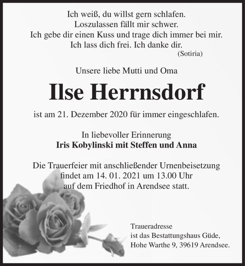  Traueranzeige für Ilse Herrnsdorf  vom 05.01.2021 aus Magdeburger Volksstimme