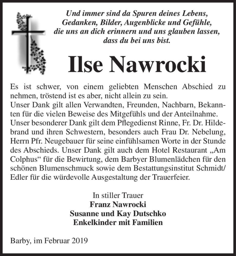 Traueranzeige für Ilse Nawrocki  vom 23.02.2019 aus Magdeburger Volksstimme