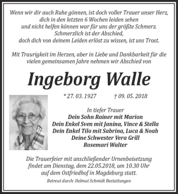 Traueranzeige von Ingeborg Walle  von Magdeburger Volksstimme
