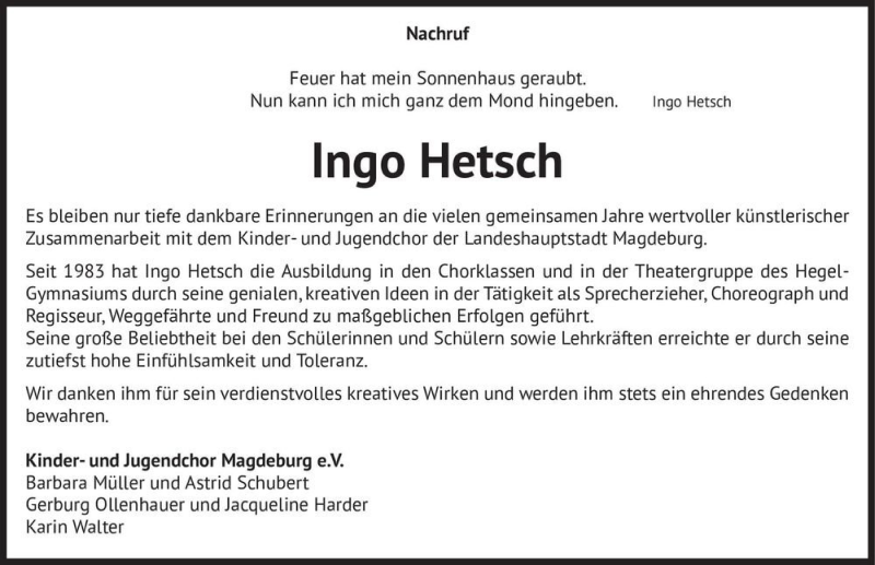  Traueranzeige für Ingo Hetsch  vom 09.10.2021 aus Magdeburger Volksstimme