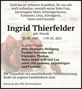 Traueranzeige von Ingrid Thierfelder (geb. Nowak)  von Magdeburger Volksstimme