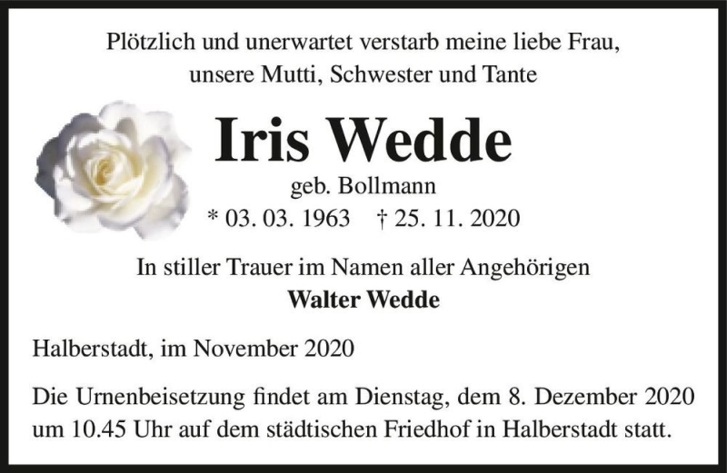  Traueranzeige für Iris Wedde (geb. Bollmann)  vom 28.11.2020 aus Magdeburger Volksstimme