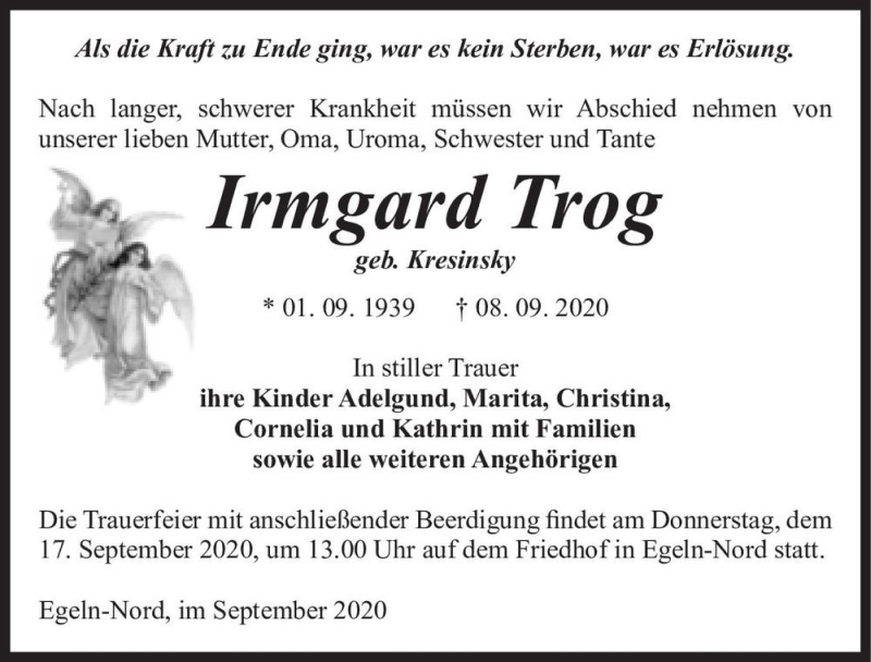  Traueranzeige für Irmgard Trog (geb. Kresinsky)  vom 12.09.2020 aus Magdeburger Volksstimme