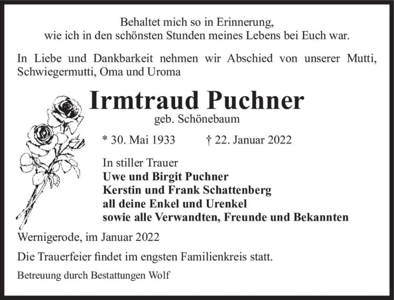  Traueranzeige für Irmtraud Puchner (geb. Schönebaum)  vom 26.01.2022 aus Magdeburger Volksstimme