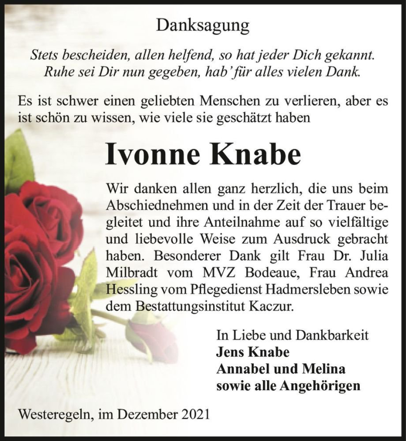 Traueranzeige für Ivonne Knabe  vom 04.12.2021 aus Magdeburger Volksstimme