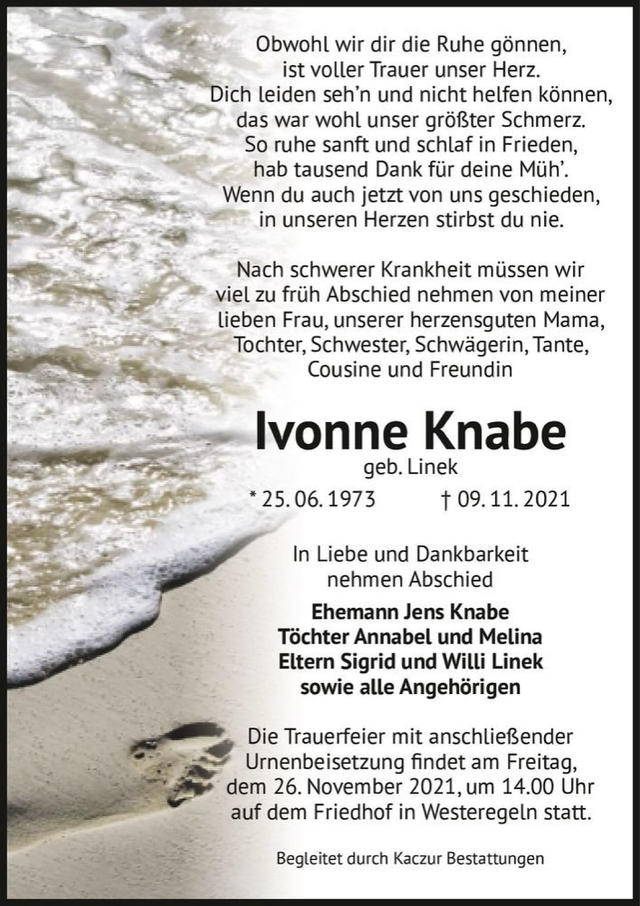  Traueranzeige für Ivonne Knabe (geb. Linek)  vom 13.11.2021 aus Magdeburger Volksstimme