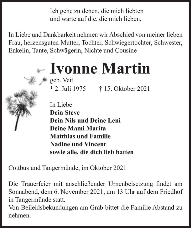  Traueranzeige für Ivonne Martin (geb. Veit)  vom 30.10.2021 aus Magdeburger Volksstimme