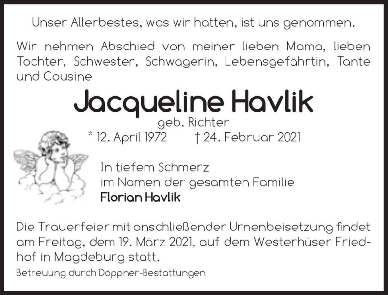  Traueranzeige für Jacqueline Havlik (geb. Richter)  vom 06.03.2021 aus Magdeburger Volksstimme