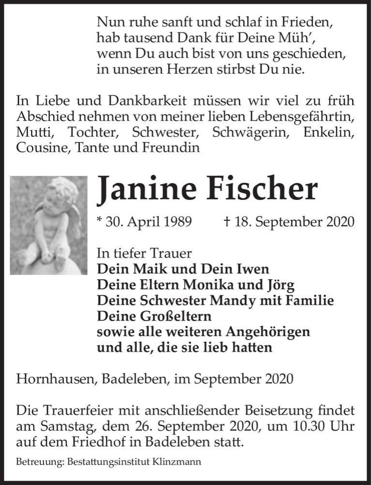  Traueranzeige für Janine Fischer  vom 23.09.2020 aus Magdeburger Volksstimme