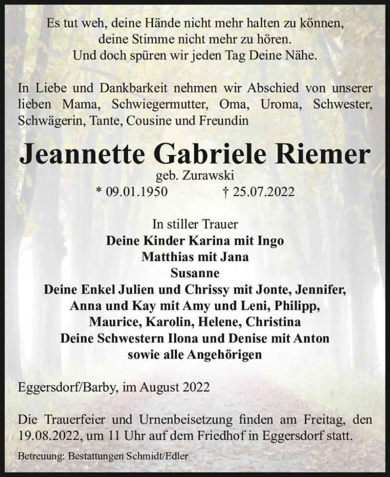 Traueranzeige für Jeannette Gabriele Riemer (geb. Zurawski)  vom 13.08.2022 aus Magdeburger Volksstimme
