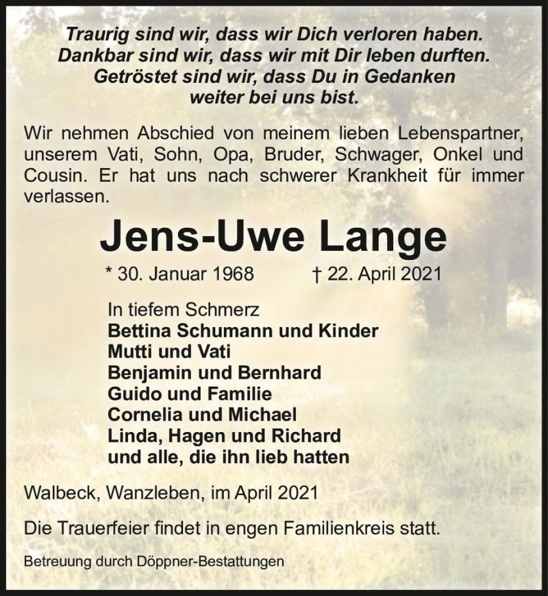  Traueranzeige für Jens-Uwe Lange  vom 30.04.2021 aus Magdeburger Volksstimme