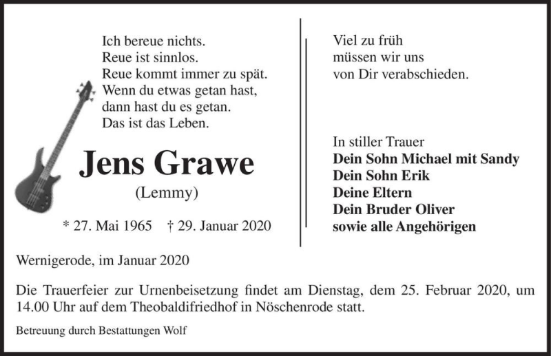  Traueranzeige für Jens Grawe (Lemmy)  vom 08.02.2020 aus Magdeburger Volksstimme