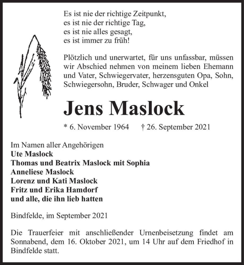  Traueranzeige für Jens Maslock  vom 02.10.2021 aus Magdeburger Volksstimme