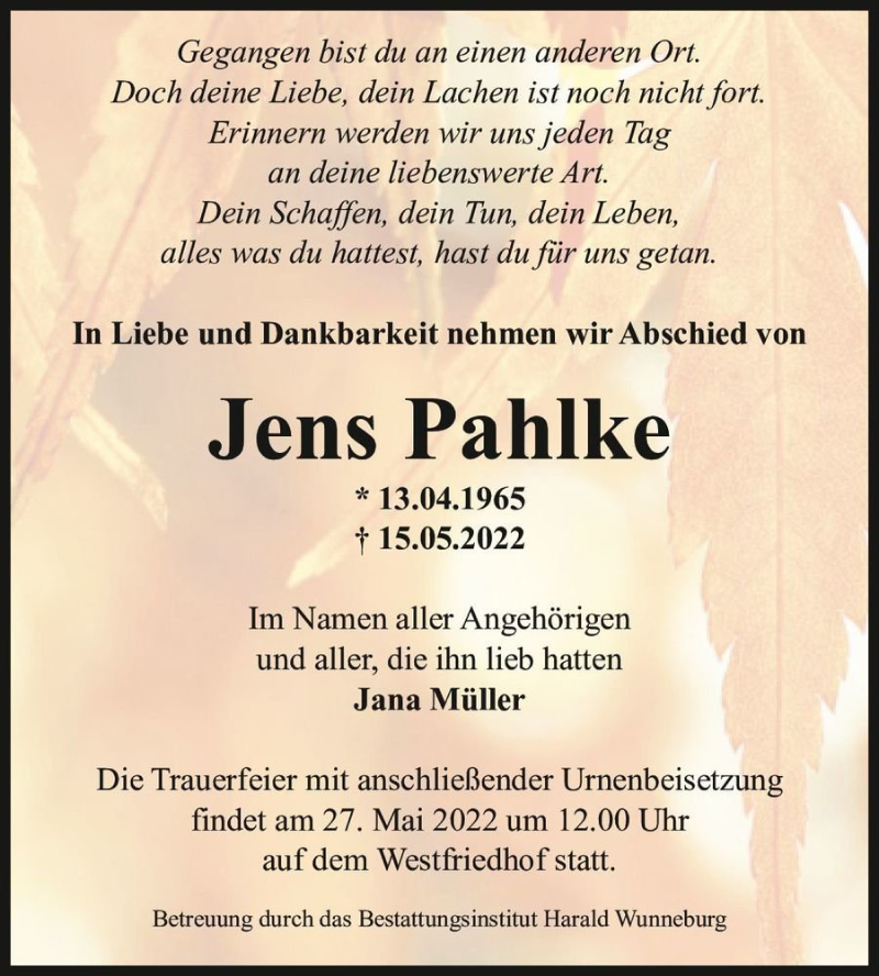  Traueranzeige für Jens Pahlke  vom 21.05.2022 aus Magdeburger Volksstimme