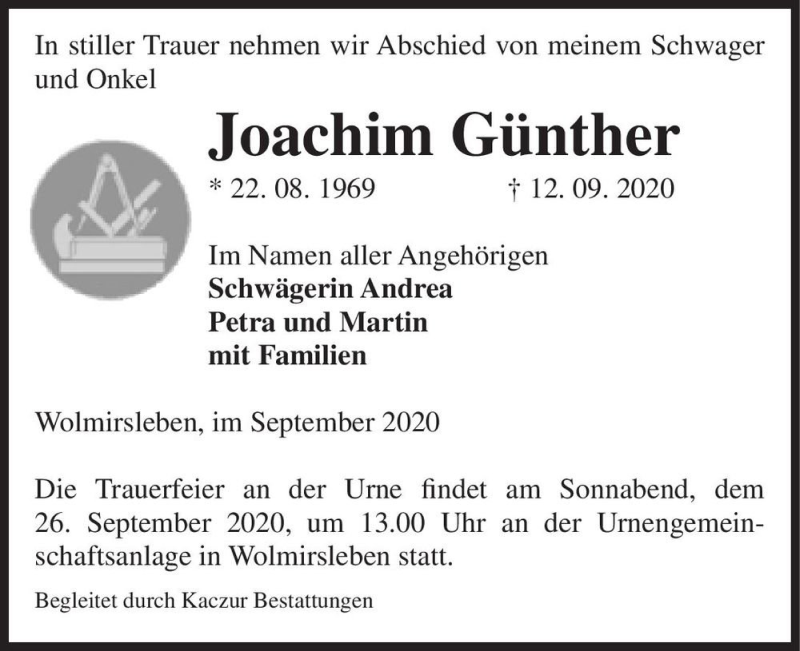  Traueranzeige für Joachim Günther  vom 18.09.2020 aus Magdeburger Volksstimme