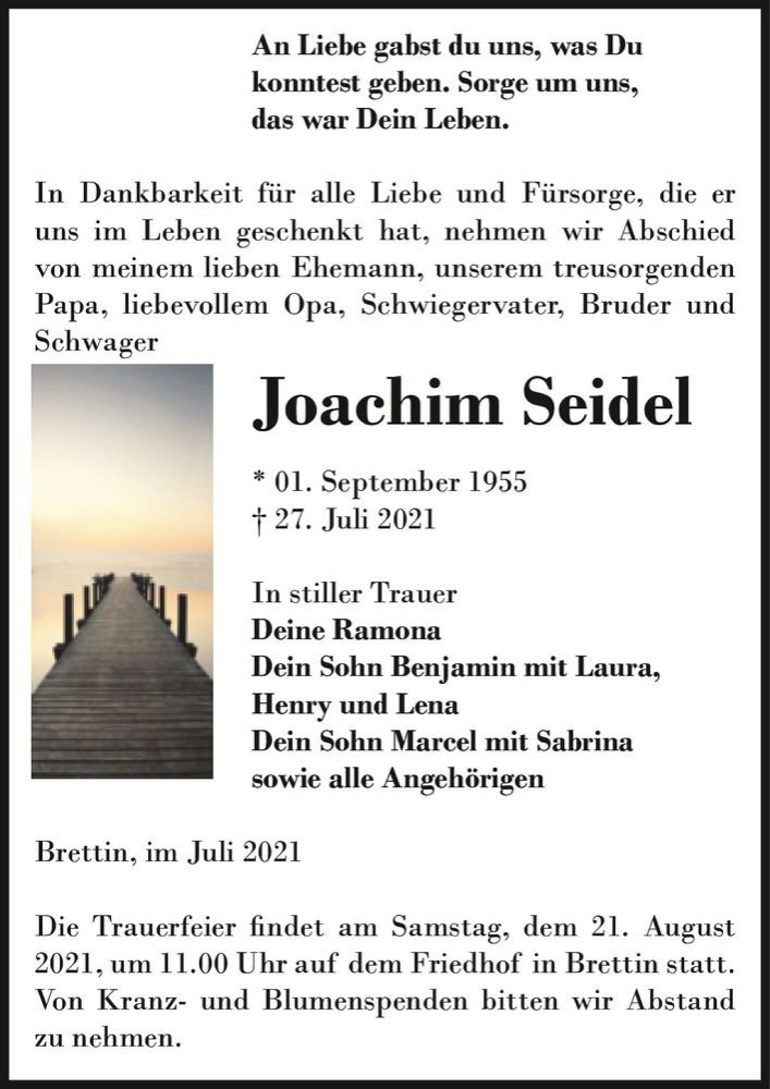  Traueranzeige für Joachim Seidel  vom 31.07.2021 aus Magdeburger Volksstimme