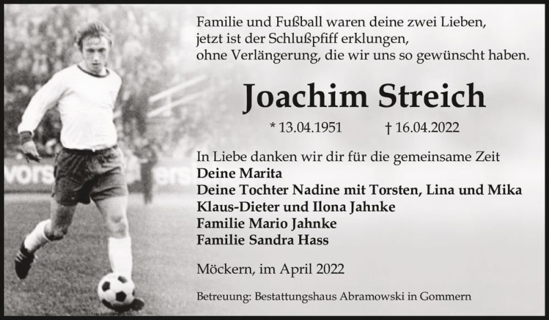  Traueranzeige für Joachim Streich  vom 23.04.2022 aus Magdeburger Volksstimme