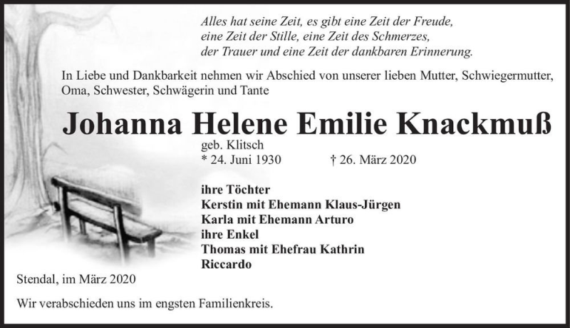  Traueranzeige für Johanna Helene Emilie Knackmuß (geb. Klitsch)  vom 31.03.2020 aus Magdeburger Volksstimme