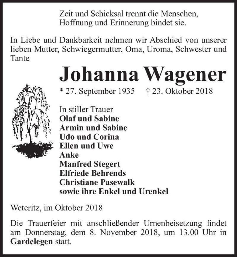  Traueranzeige für Johanna Wagener  vom 30.10.2018 aus Magdeburger Volksstimme