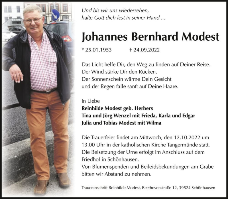  Traueranzeige für Johannes Bernhard Modest  vom 06.10.2022 aus Magdeburger Volksstimme