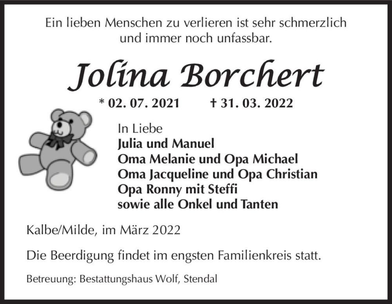 Traueranzeige für Jolina Borchert  vom 06.04.2022 aus Magdeburger Volksstimme