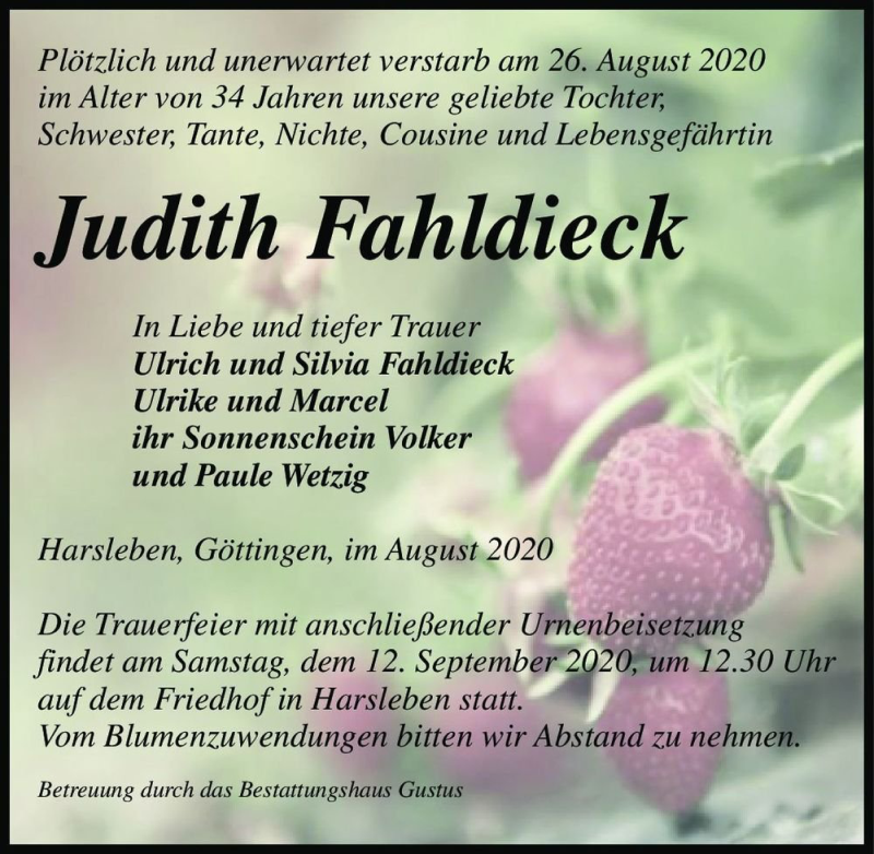  Traueranzeige für Judith Fahldieck  vom 05.09.2020 aus Magdeburger Volksstimme
