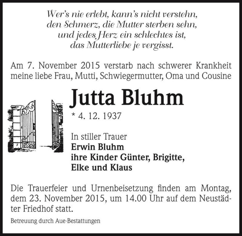  Traueranzeige für Jutta Bluhm  vom 14.11.2015 aus Magdeburger Volksstimme