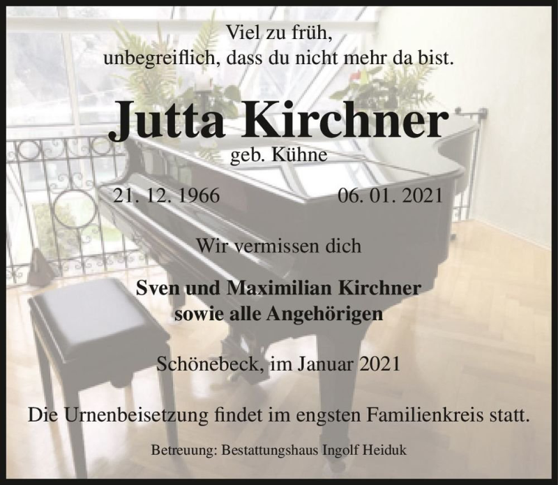  Traueranzeige für Jutta Kirchner (geb. Kühne)  vom 16.01.2021 aus Magdeburger Volksstimme