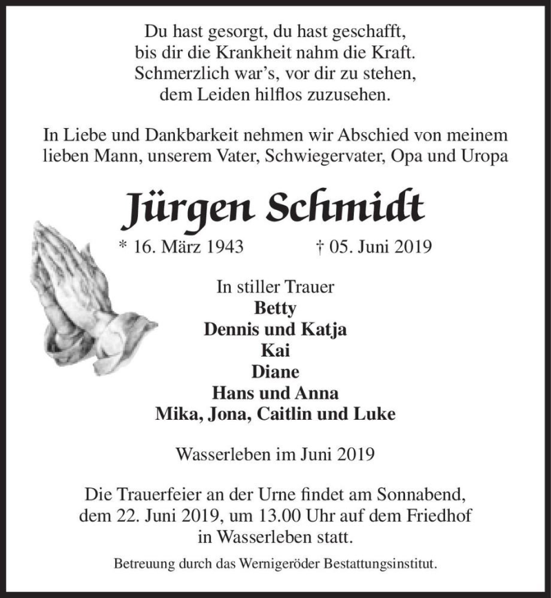  Traueranzeige für Jürgen Schmidt  vom 11.06.2019 aus Magdeburger Volksstimme