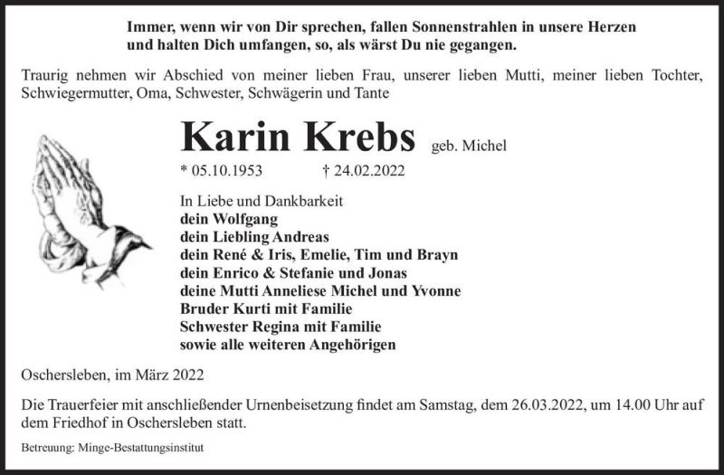  Traueranzeige für Karin Krebs (geb. Michel)  vom 04.03.2022 aus Magdeburger Volksstimme
