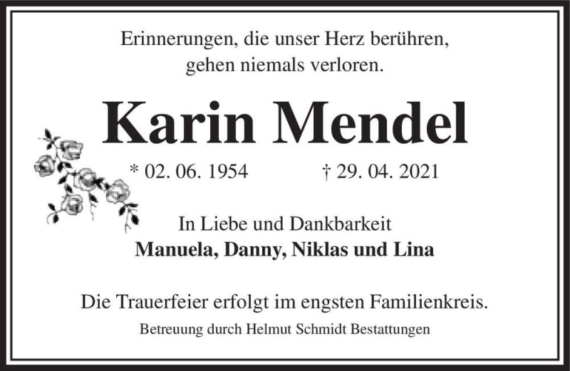  Traueranzeige für Karin Mendel  vom 08.05.2021 aus Magdeburger Volksstimme