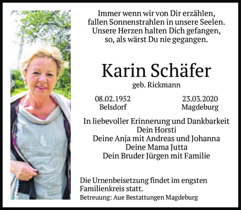  Traueranzeige für Karin Schäfer (geb. Rickmann)  vom 28.03.2020 aus Magdeburger Volksstimme
