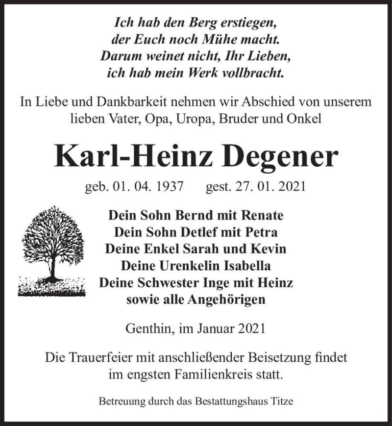  Traueranzeige für Karl-Heinz Degener  vom 30.01.2021 aus Magdeburger Volksstimme