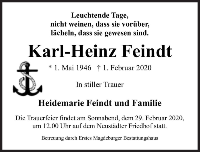  Traueranzeige für Karl-Heinz Feindt  vom 15.02.2020 aus Magdeburger Volksstimme