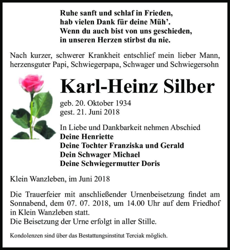  Traueranzeige für Karl-Heinz Silber  vom 23.06.2018 aus Magdeburger Volksstimme