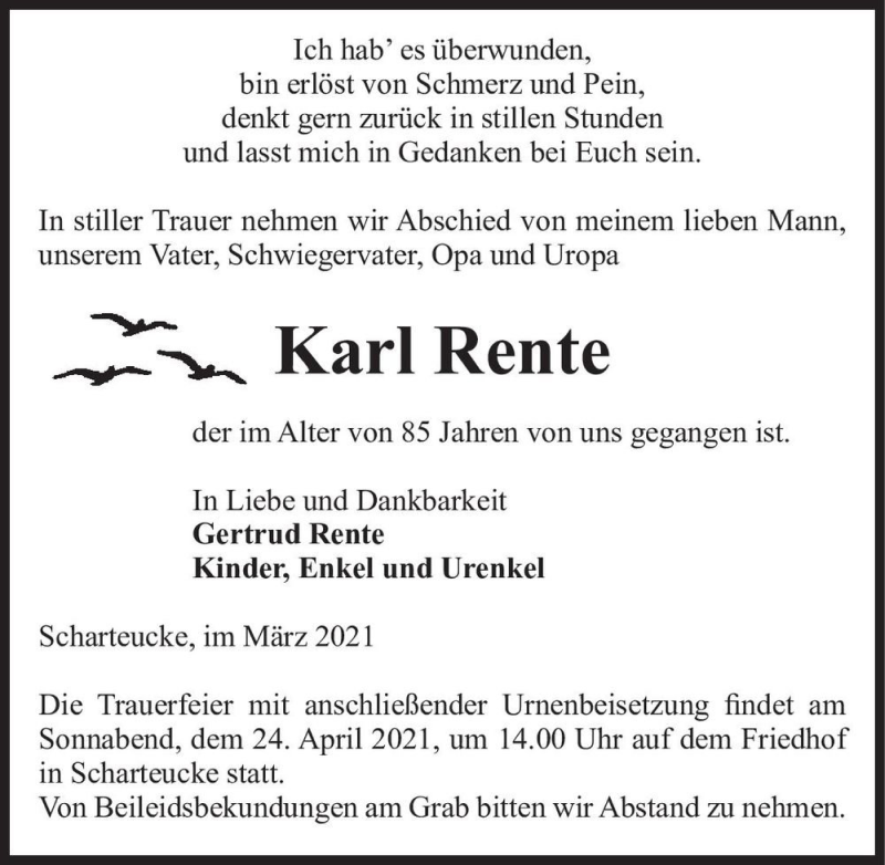  Traueranzeige für Karl Rente  vom 03.04.2021 aus Magdeburger Volksstimme