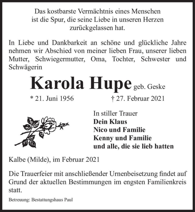  Traueranzeige für Karola Hupe (geb. Geske)  vom 05.03.2021 aus Magdeburger Volksstimme