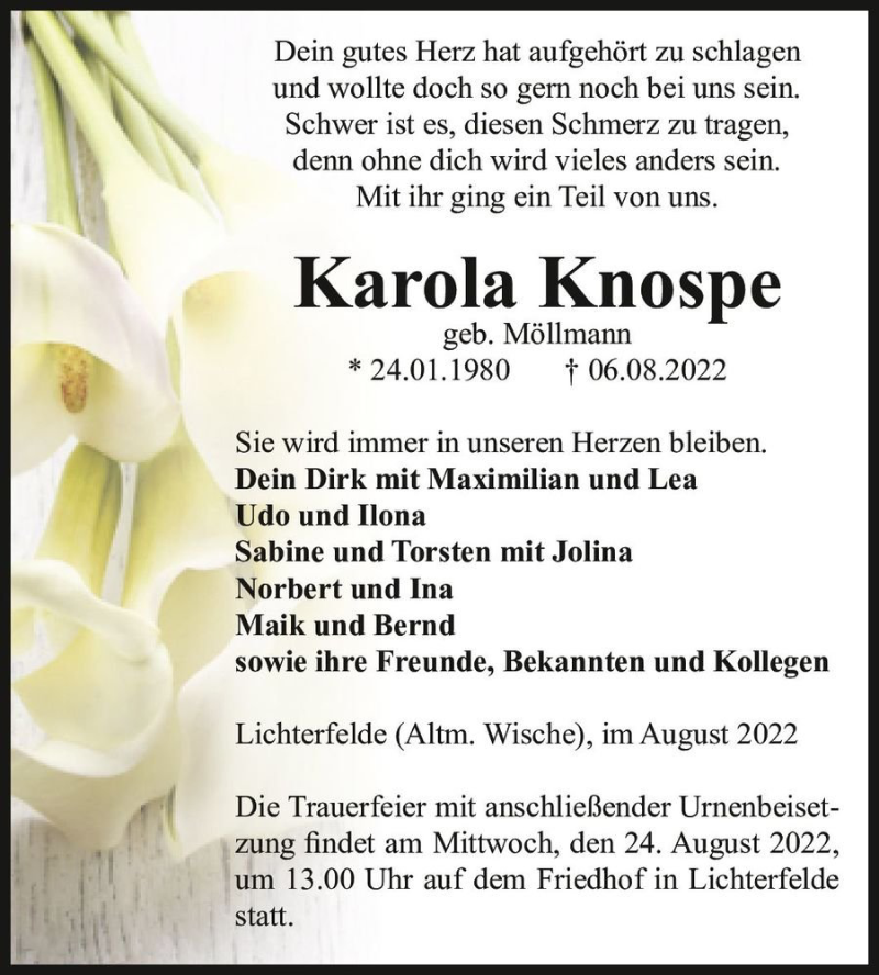  Traueranzeige für Karola Knospe (geb. Möllmann)  vom 13.08.2022 aus Magdeburger Volksstimme