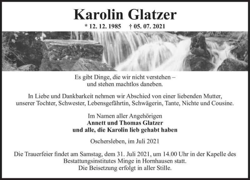  Traueranzeige für Karolin Glatzer  vom 17.07.2021 aus Magdeburger Volksstimme