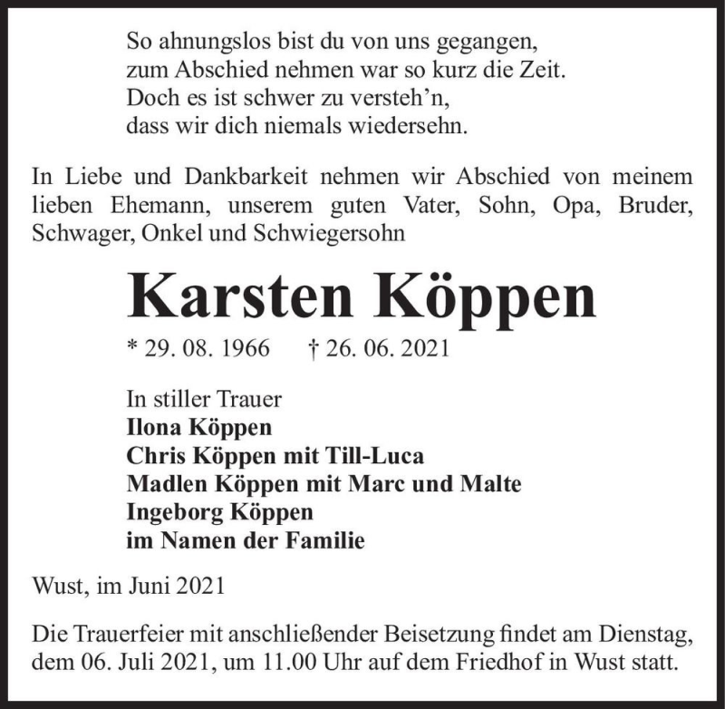  Traueranzeige für Karsten Köppen  vom 30.06.2021 aus Magdeburger Volksstimme