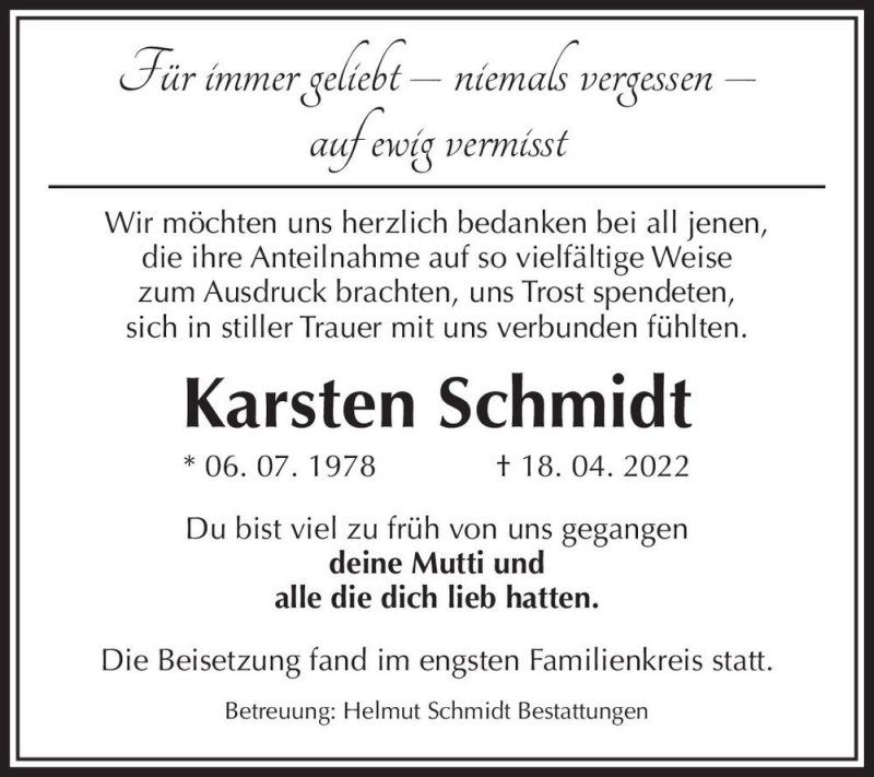  Traueranzeige für Karsten Schmidt  vom 07.05.2022 aus Magdeburger Volksstimme