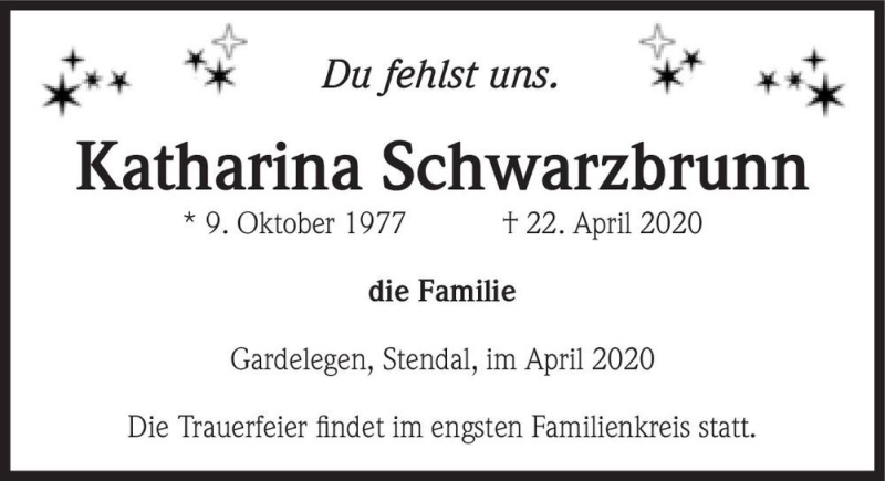  Traueranzeige für Katharina Schwarzbrunn  vom 25.04.2020 aus Magdeburger Volksstimme